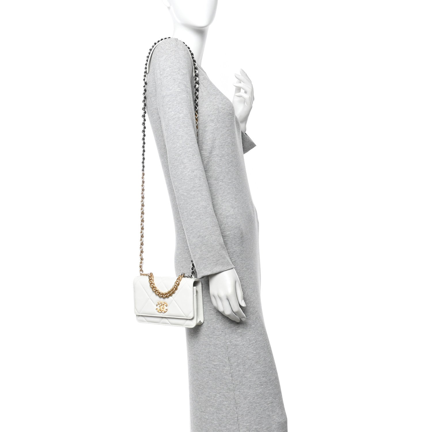 Chanel Shiny Crumpled Calfskin Quilted Chanel 19 Wallet On Chain WOC White