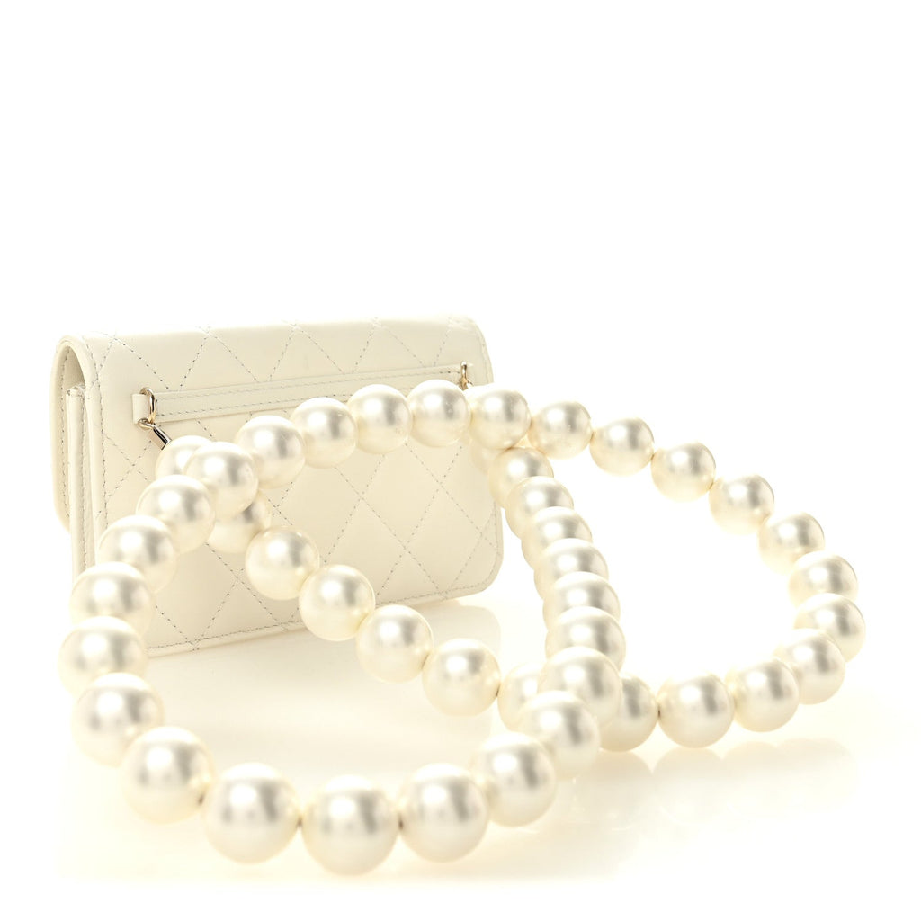 Chanel Calfskin Quilted Mini Maxi Pearls Wallet On Chain WOC White
