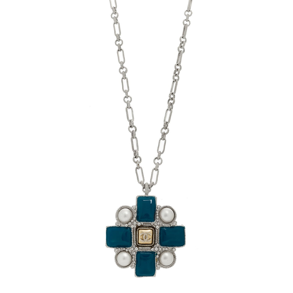 Gripoix Poured Glass Pearl CC Pendant Necklace Turquoise Silver