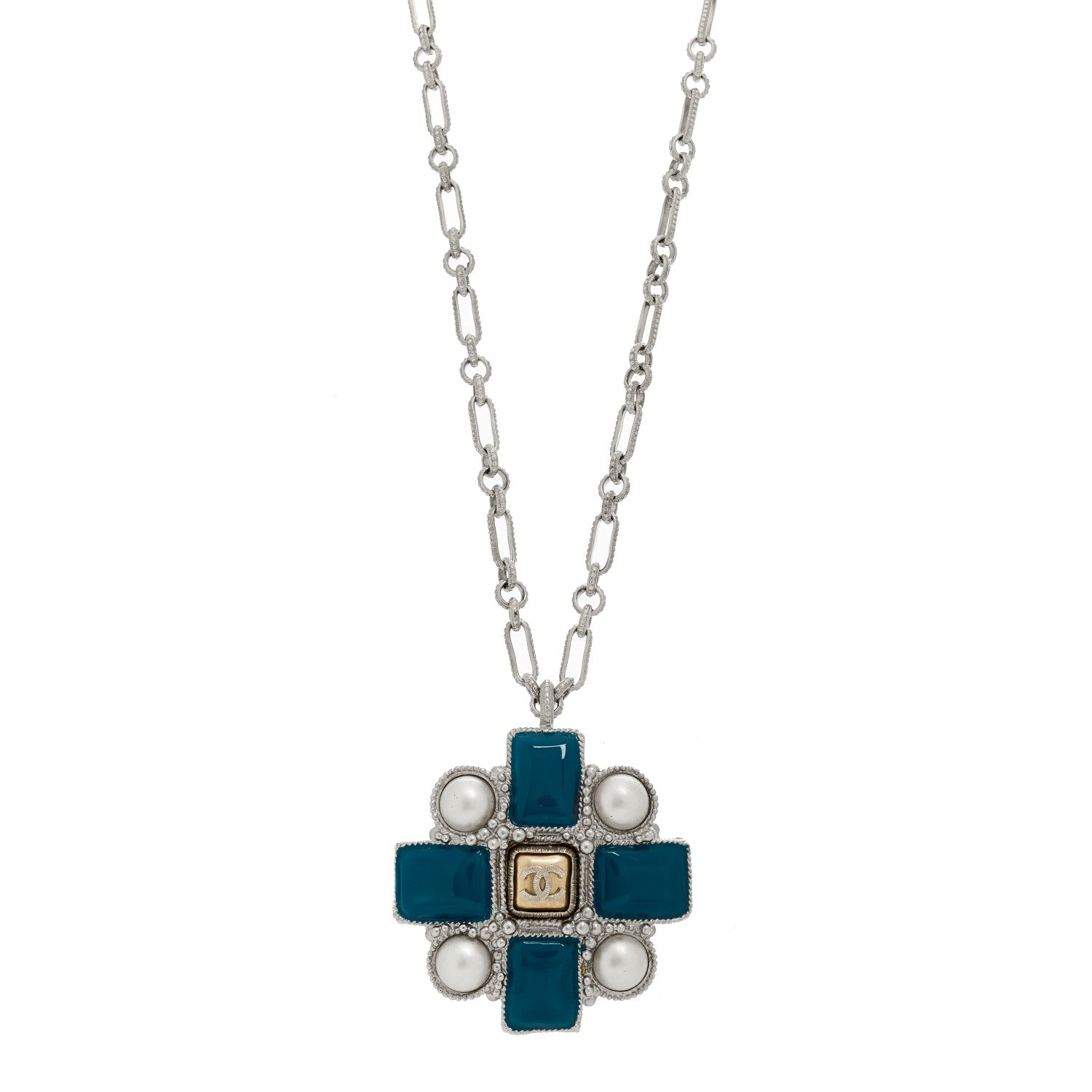 Gripoix Poured Glass Pearl CC Pendant Necklace Turquoise Silver