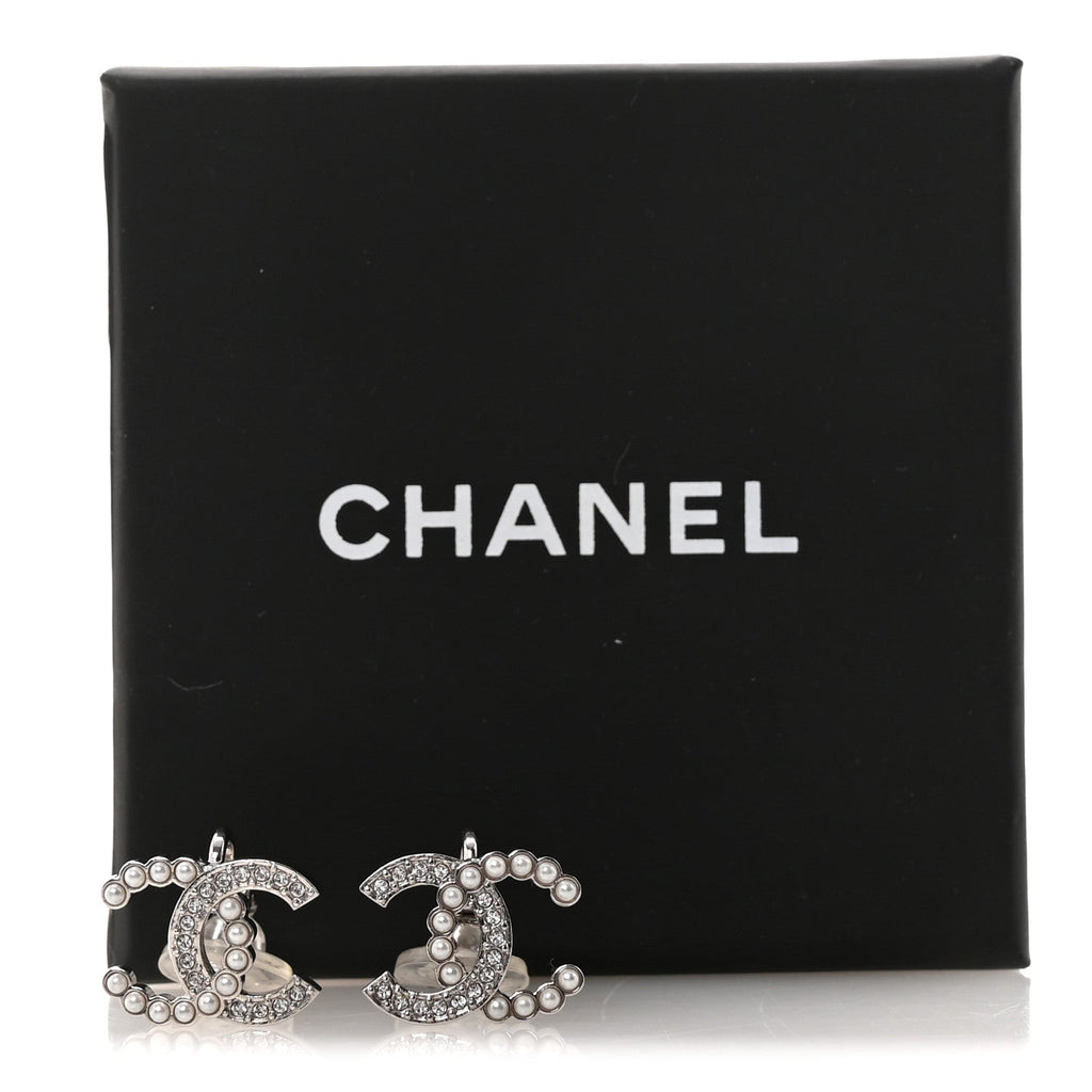 Crystal Pearl CC Clip On Earrings Silver