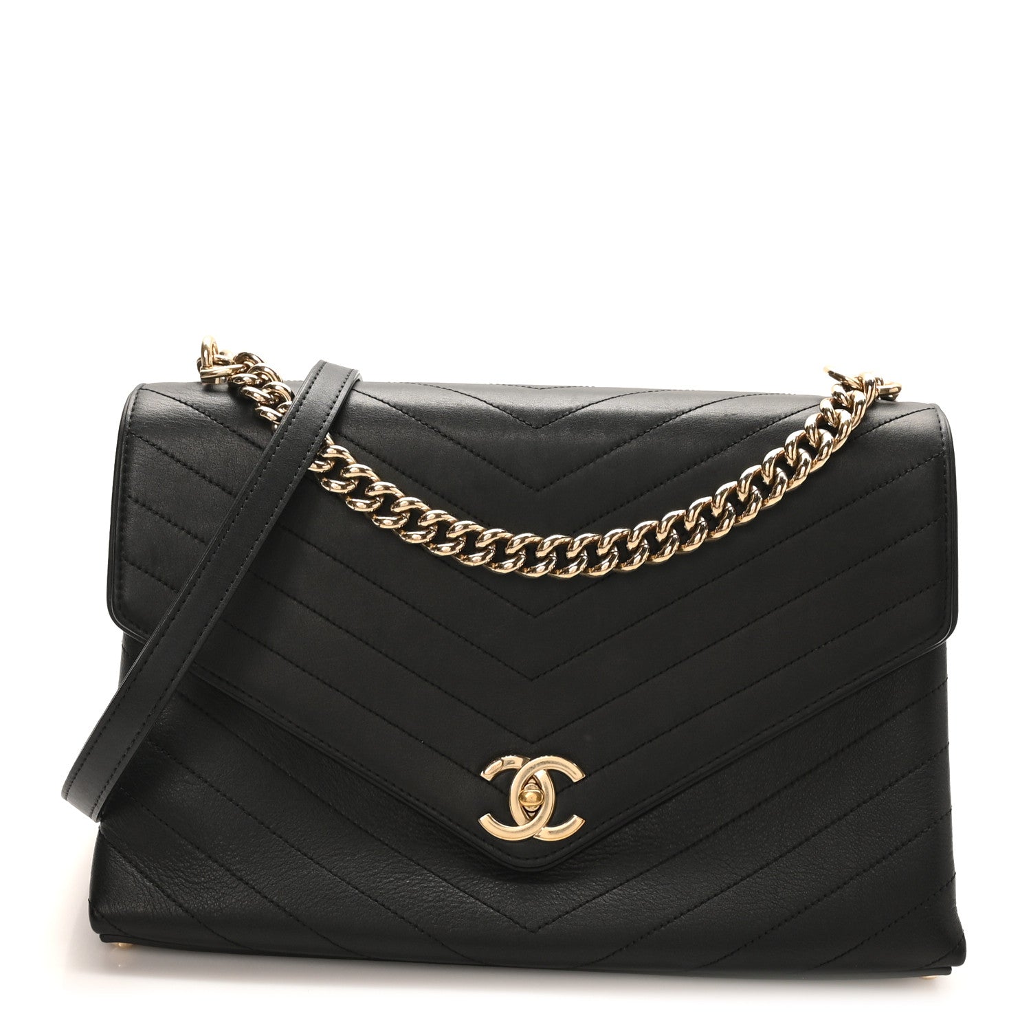 Chanel Calfskin Chevron Stitched Large Envelope Flap Black