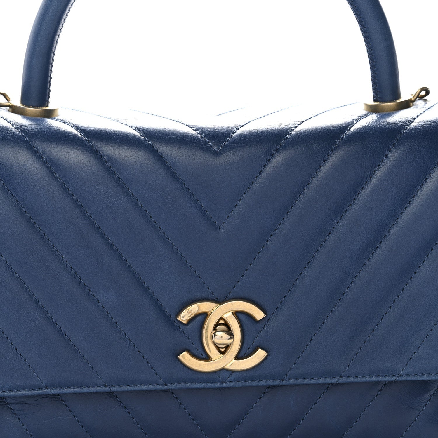 Chanel Aged Calfskin Chevron Quilted Small Coco Handle Flap Blue