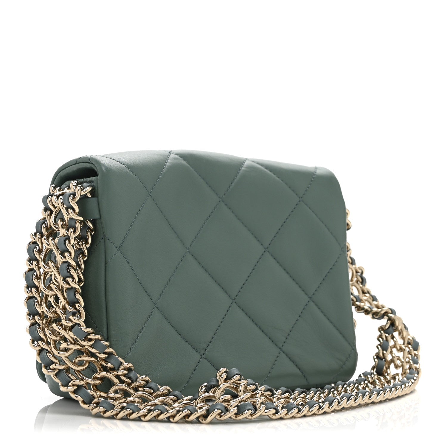 Chanel Lambskin Quilted Mini Chain Rows Flap  Green