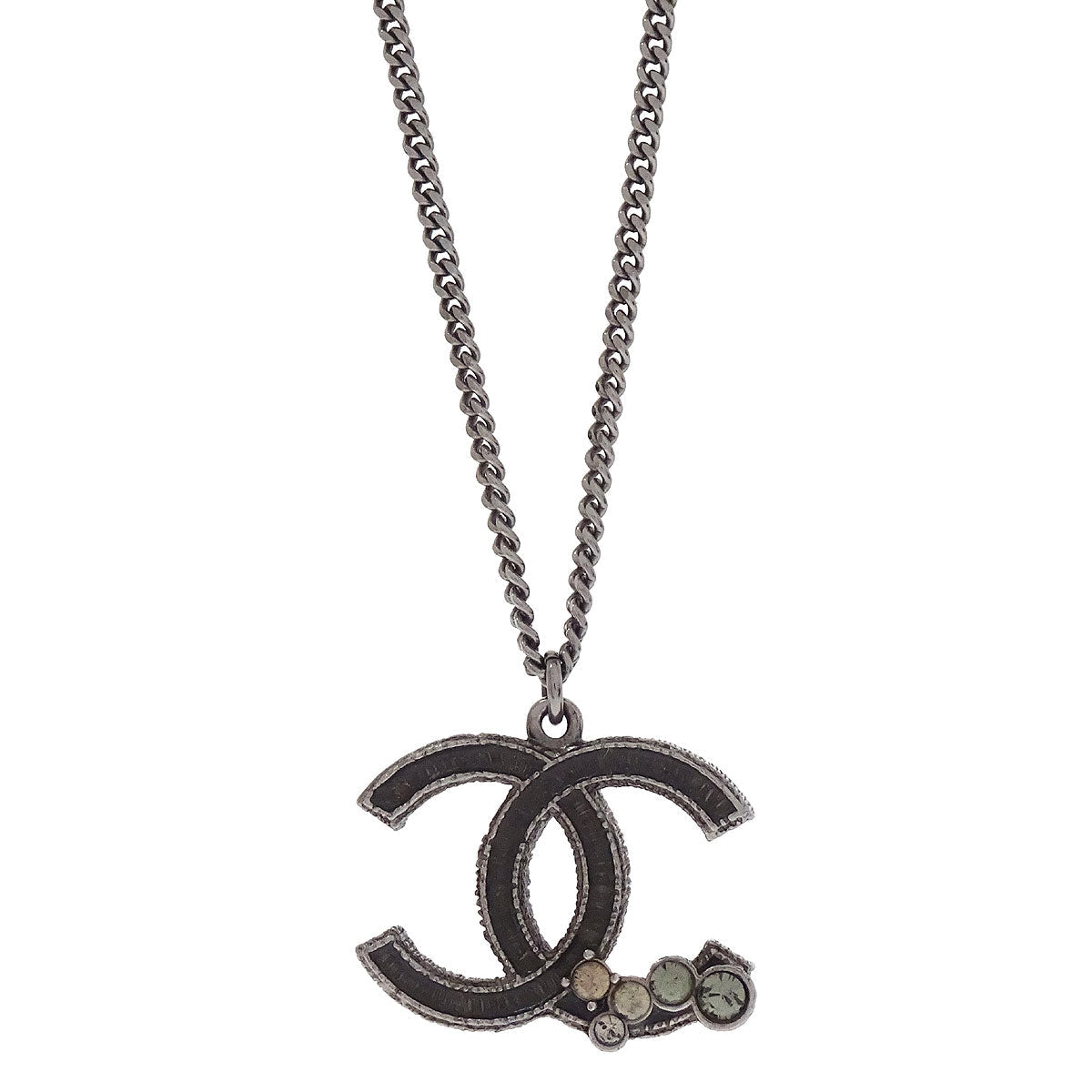 Chanel CC Chain Pendant Necklace Silver Rhinestone 10A