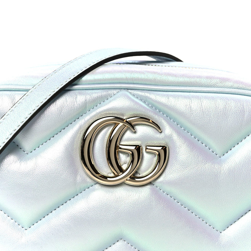 Gucci Iridescent Nappa Chevron Matelasse Small GG Marmont Chain Shoulder Bag Iridescent Salvy Green