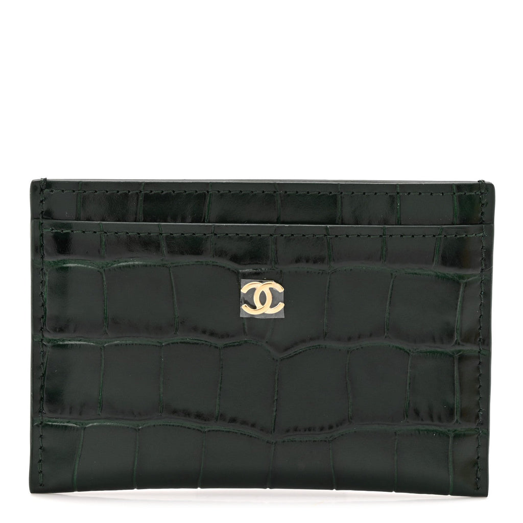 Calfskin Crocodile Embossed Crococo Card Holder Emerald
