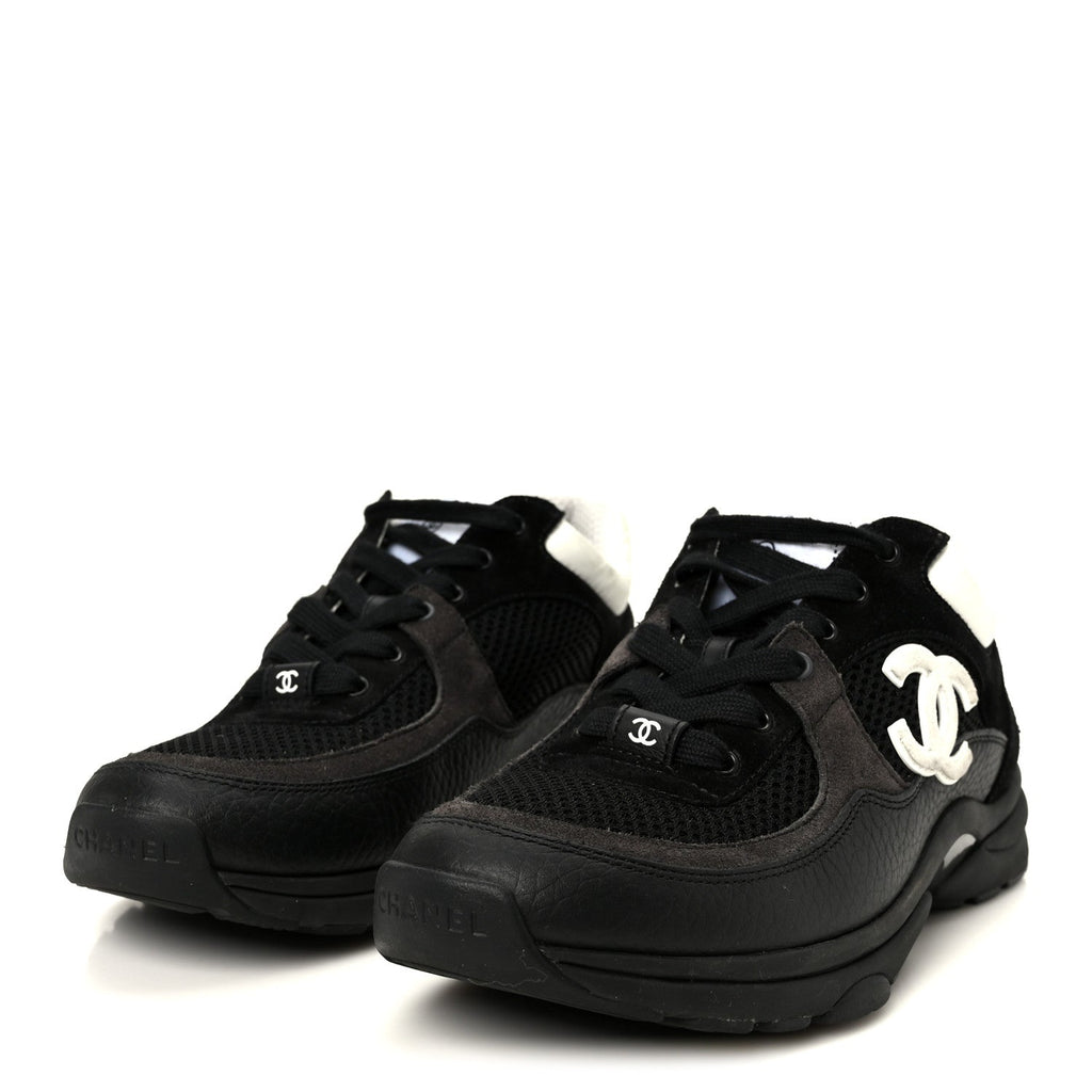 Mesh Suede Grained Calfskin Womens CC Sneakers 37 Black White