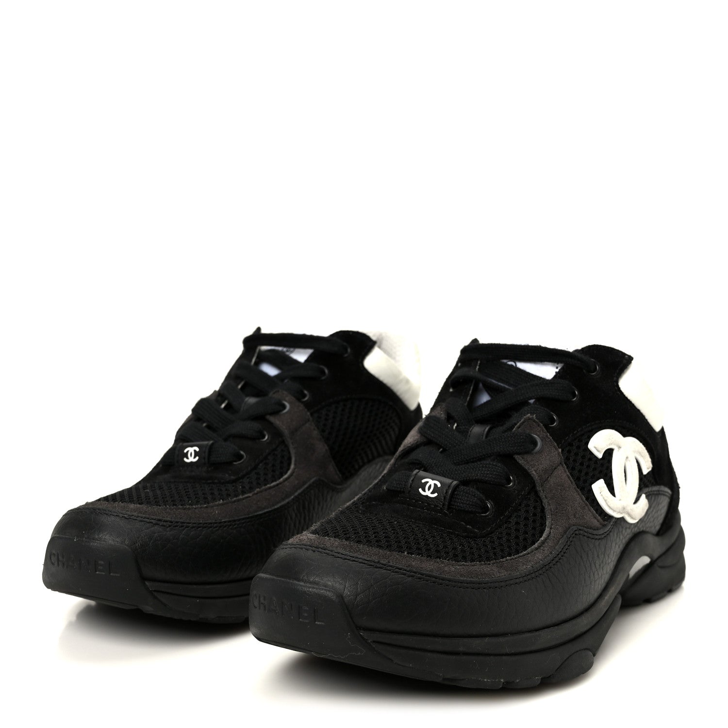 Mesh Suede Grained Calfskin Womens CC Sneakers 37 Black White