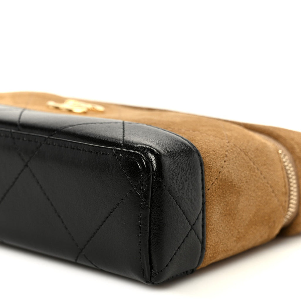 Chanel Suede Calfskin Shiny Lambskin Stitched Top Handle Slim Vanity With Chain Beige Black