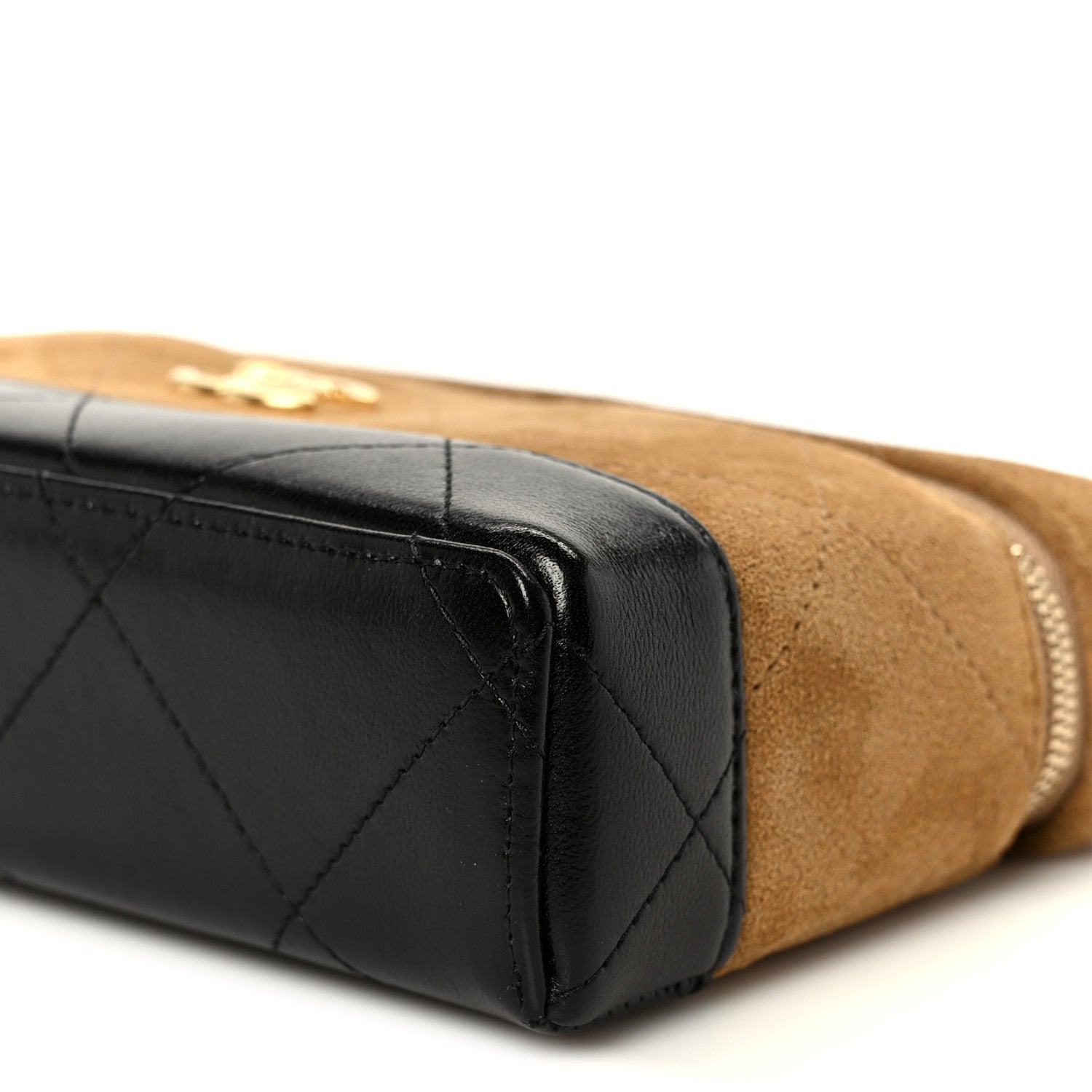 Chanel Suede Calfskin Shiny Lambskin Stitched Top Handle Slim Vanity With Chain Beige Black
