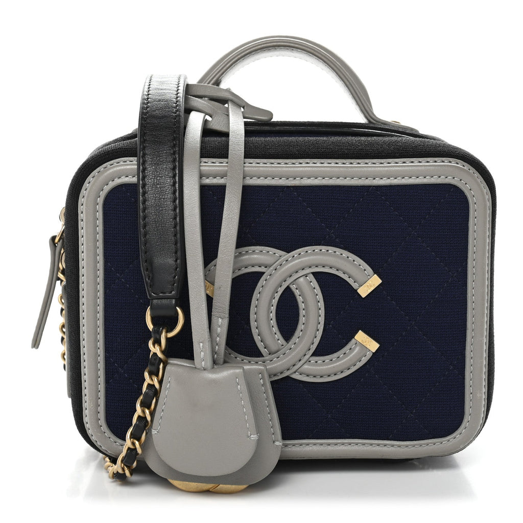 Chanel Jersey Quilted Small CC Filigree Vanity Case Blue Black Grey