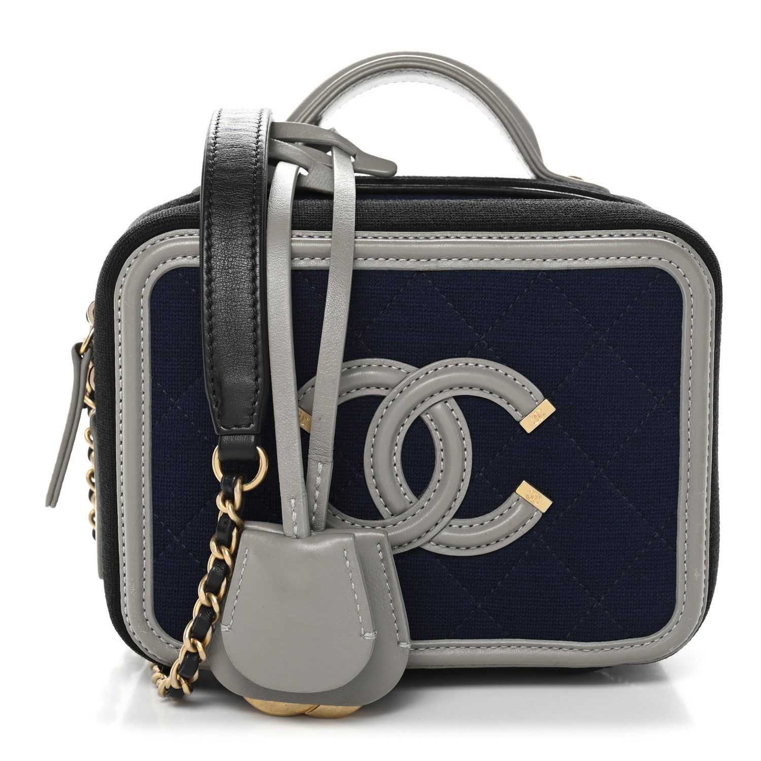 Chanel Jersey Quilted Small CC Filigree Vanity Case Blue Black Grey