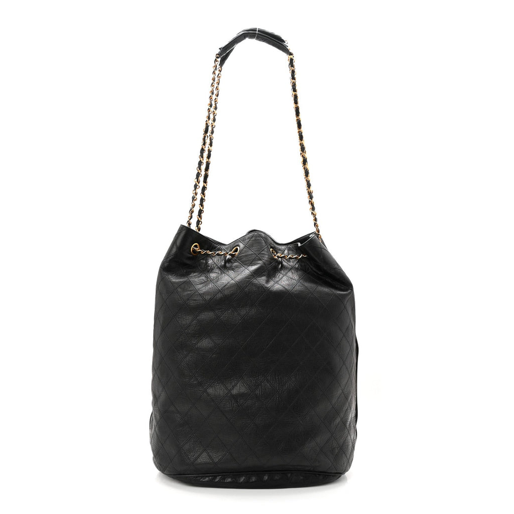 Chanel Grained Calfskin Quilted Drawstring Bucket Bag Black