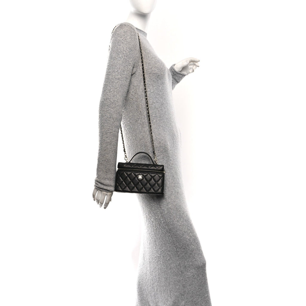 Chanel Caviar Quilted Top Handle Slim Vanity With Chain Black