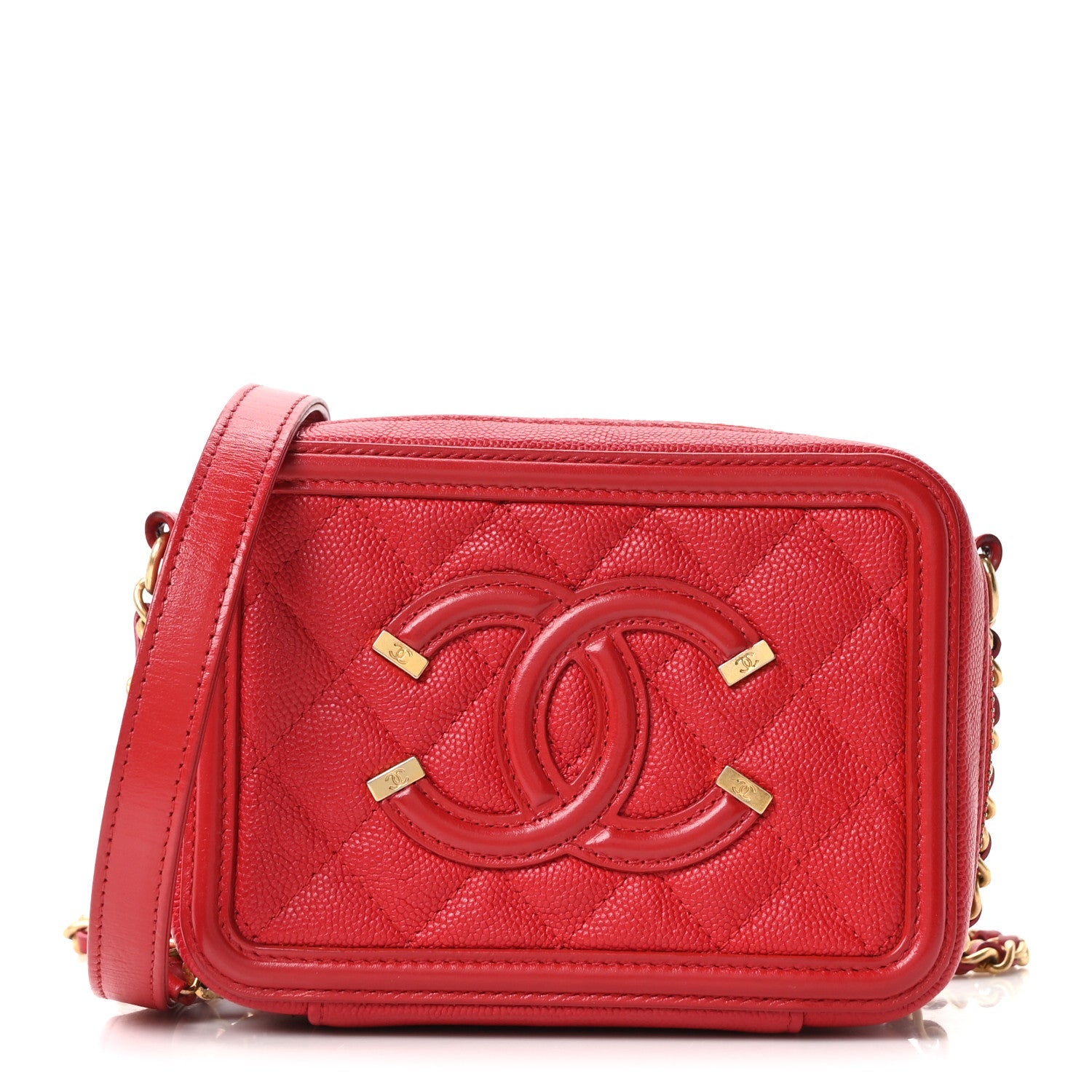 Chanel Caviar Quilted Filigree Vanity Clutch With Chain Red