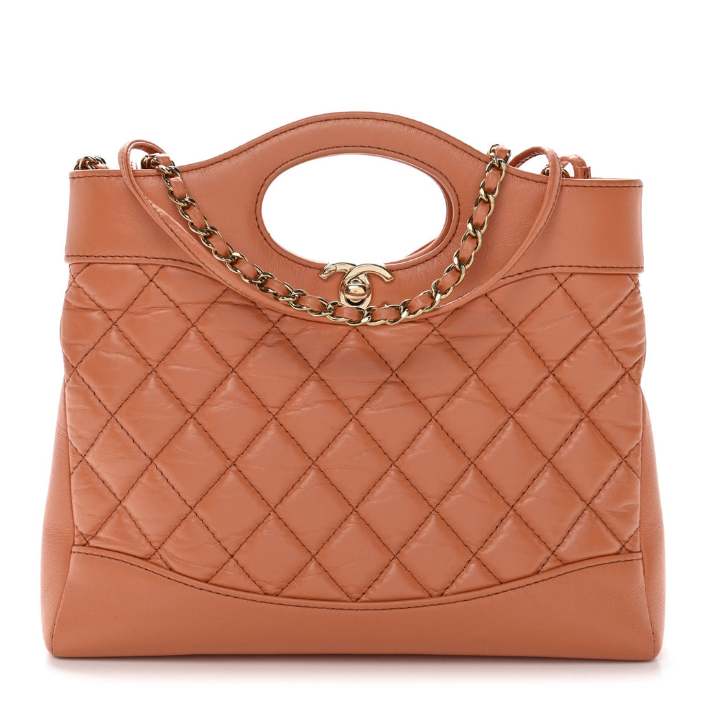 Chanel Shiny Crumpled Calfskin Quilted Mini 31 Shopping Bag Orange