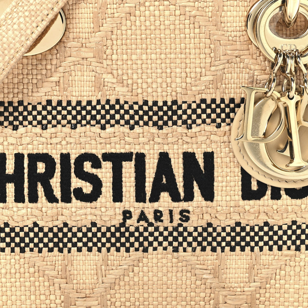 Christian Dior Raffia Woven Cannage Embroidered Mini Lady D-Lite Natural Black