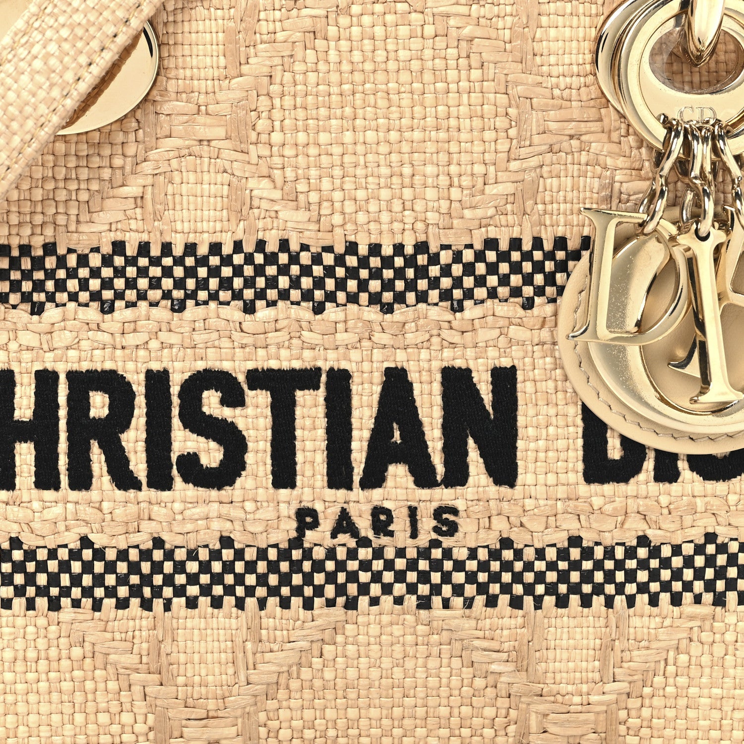 Christian Dior Raffia Woven Cannage Embroidered Mini Lady D-Lite Natural Black