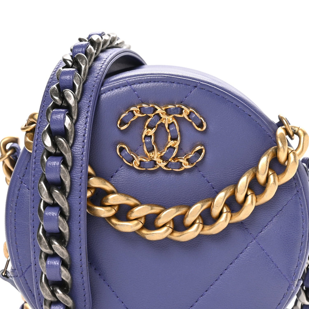Chanel Lambskin Quilted Chanel 19 Round Clutch With Chain Purple