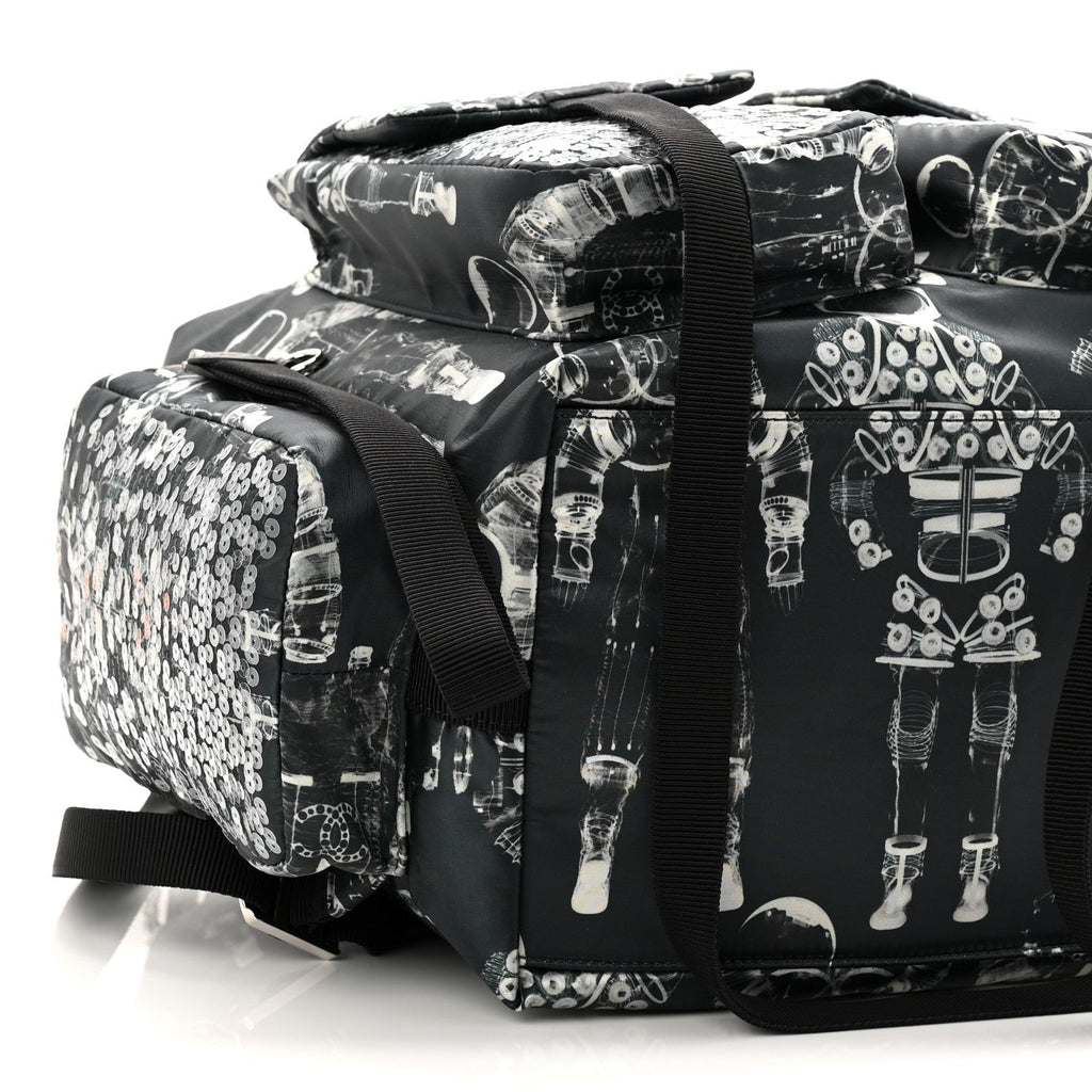 Chanel Sequin Nylon Lambskin Astronaut Essentials Backpack Black White