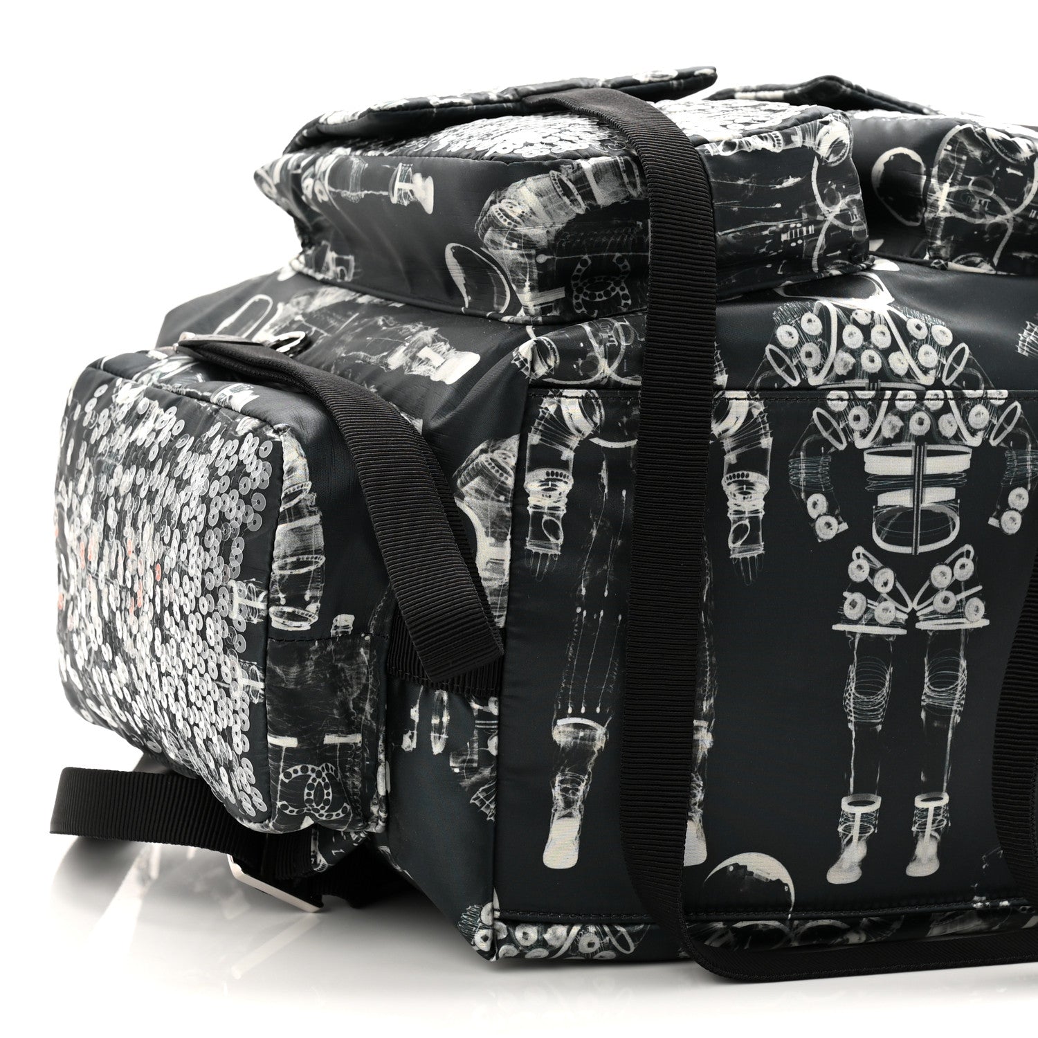 Chanel Sequin Nylon Lambskin Astronaut Essentials Backpack Black White