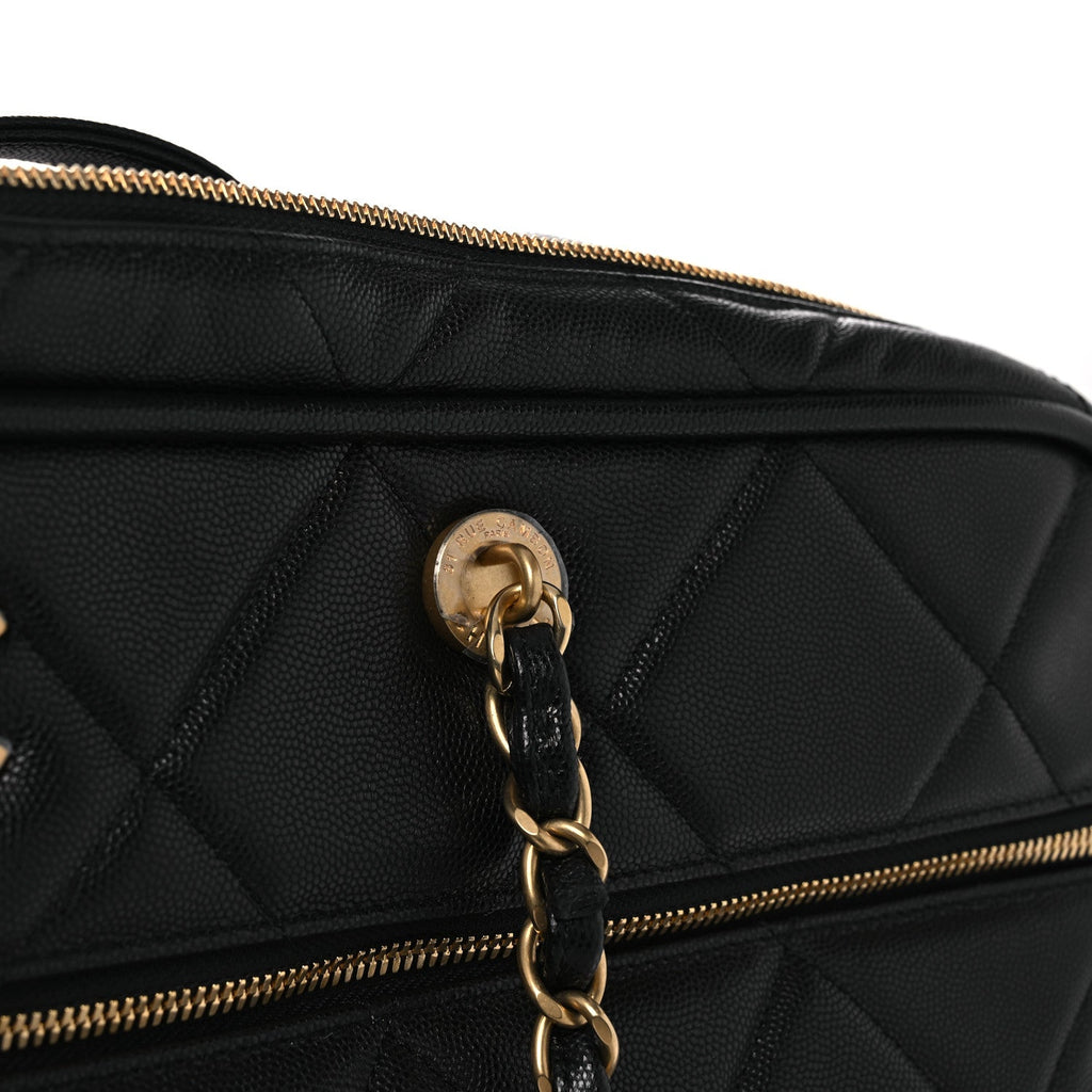 Chanel Shiny Grained Calfskin Quilted Large Travel Bowling Bag Black