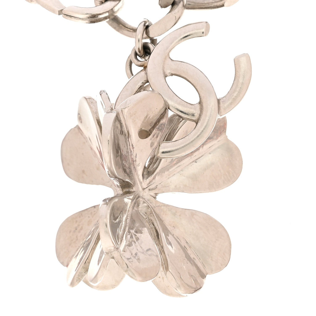 Metal Tweed Suede Chain CC Clover Necklace Silver Pink