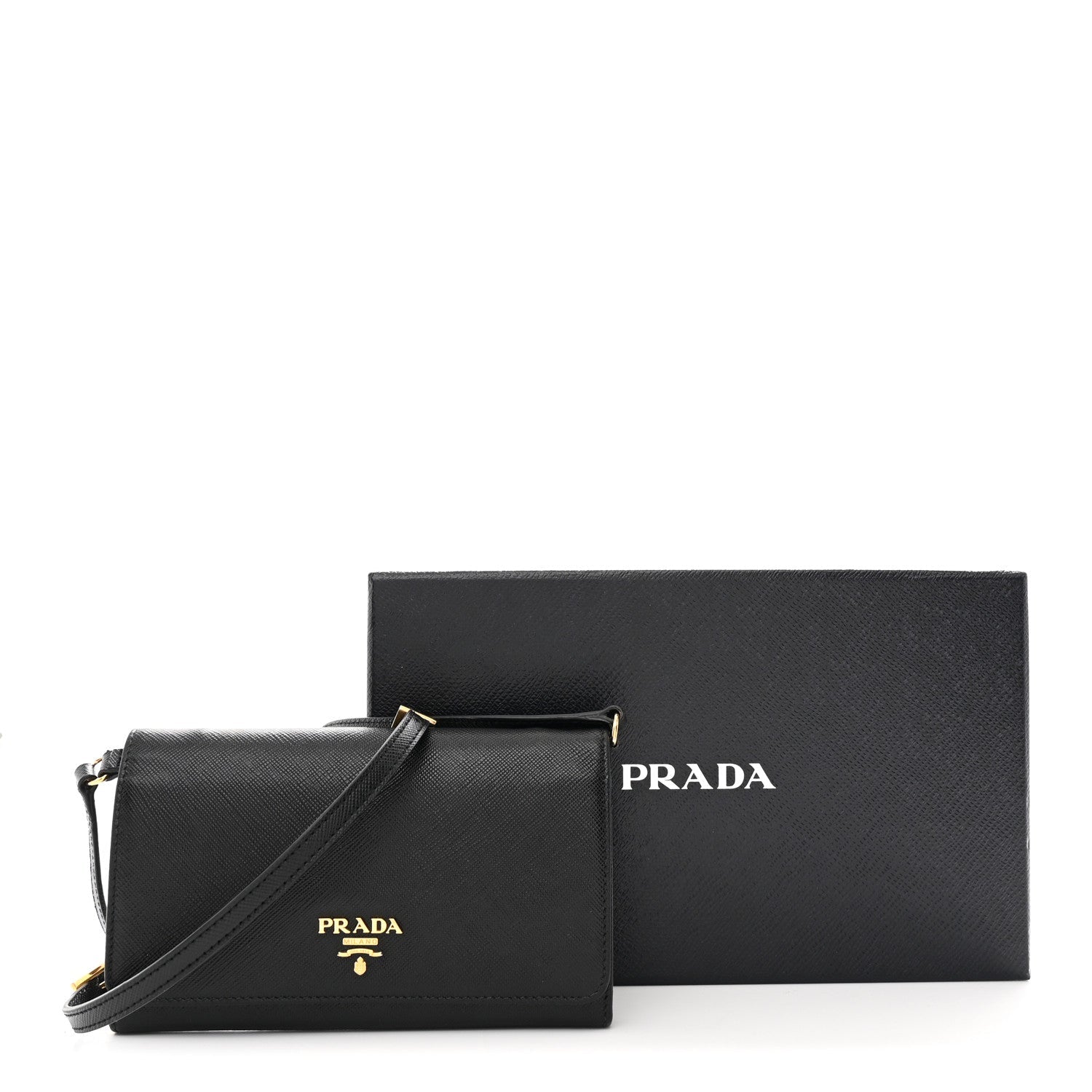 Prada Saffiano Metal Flap Wallet With Strap Black