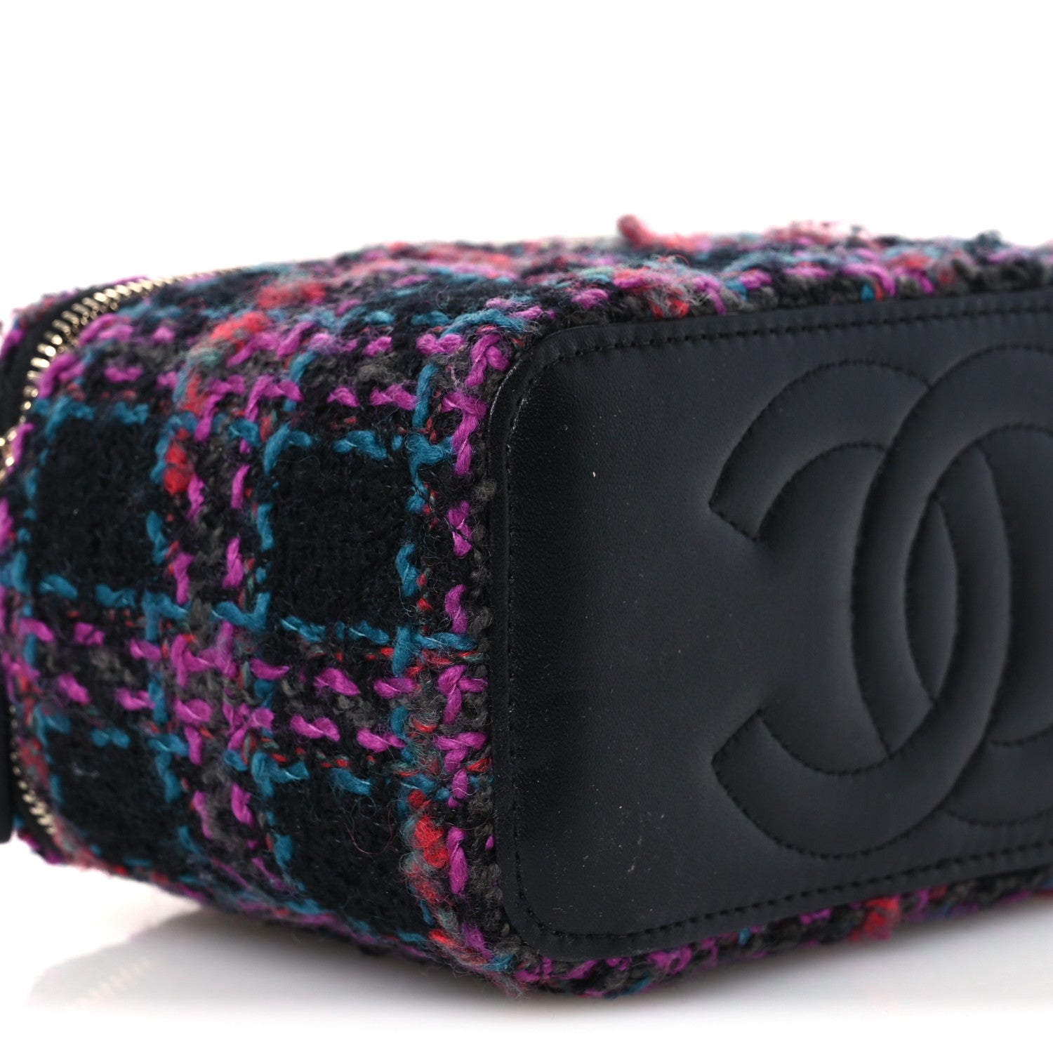 Chanel Tweed Quilted Small Vanity Case With Chain Black Purple Green Red