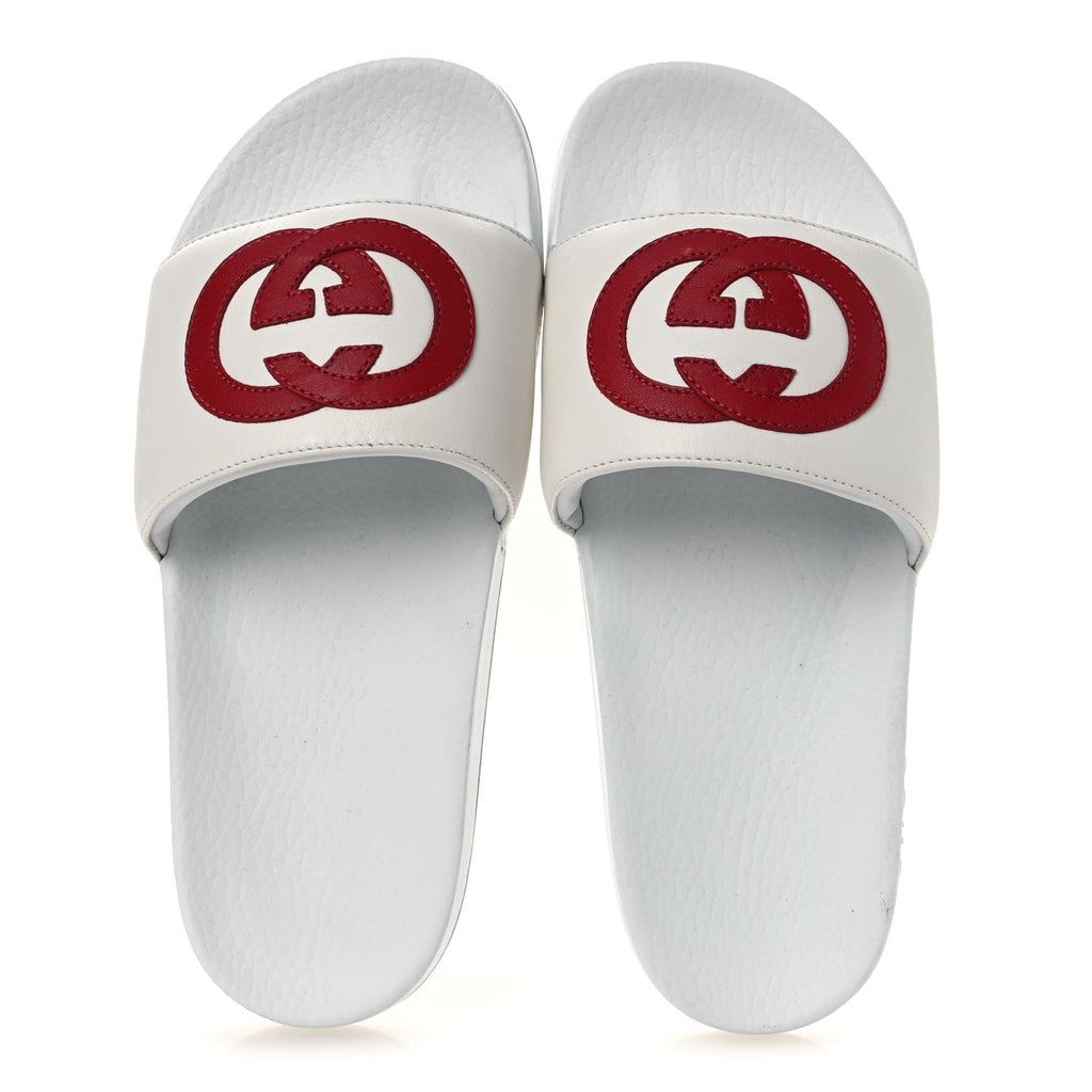 Gucci Nappa Miro Soft Calfskin Interlocking G Mens Slide Sandals 6 White Hibiscus Red