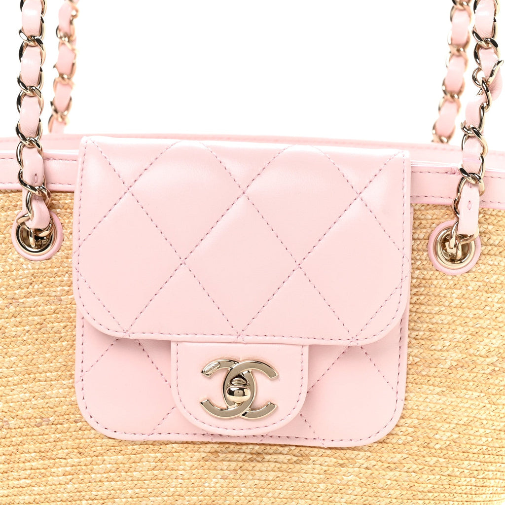 Chanel Raffia Lambskin Small Wicker Tote Beige Light Pink