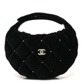 Chanel Velvet Diamanté Quilted Pocket Pouch Hobo Black