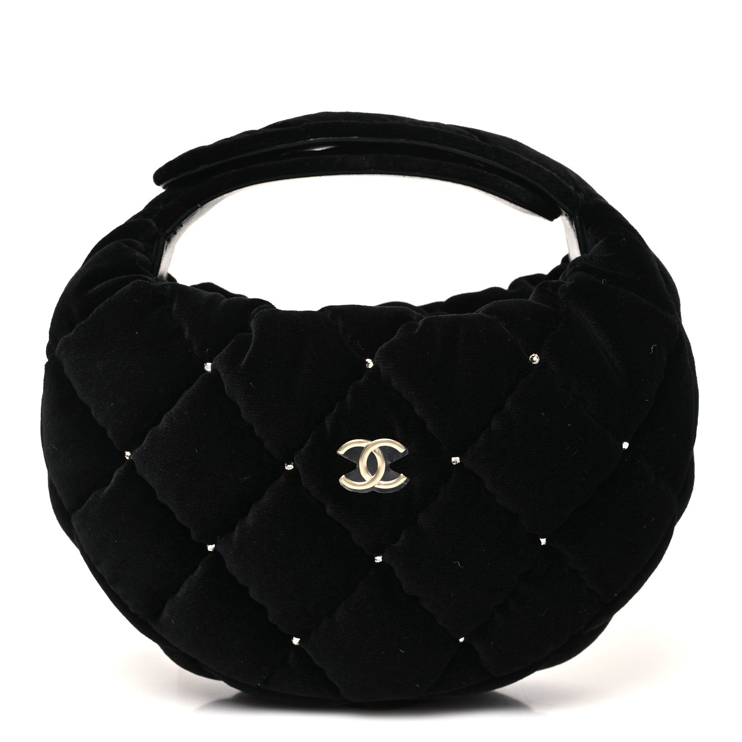 Chanel Velvet Diamanté Quilted Pocket Pouch Hobo Black
