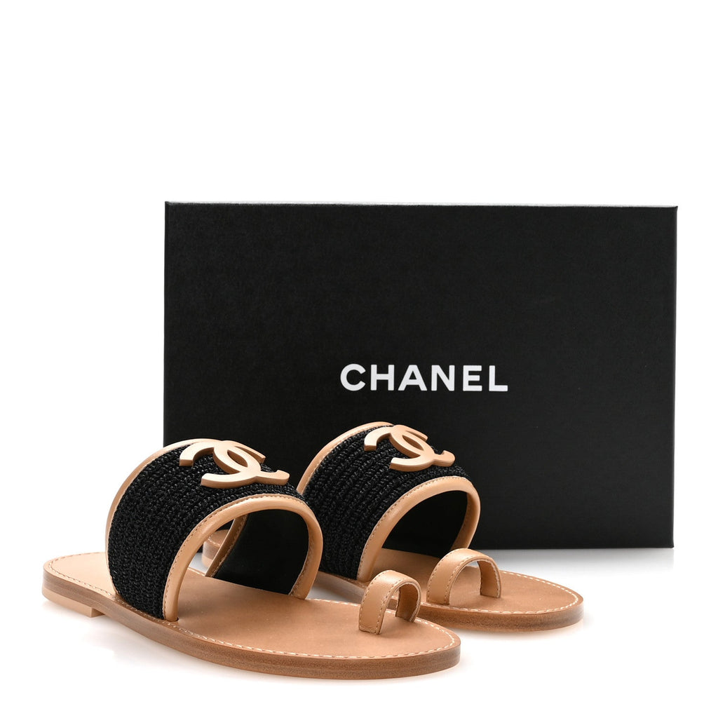 Raffia Lambskin CC Mules 37 Black Beige