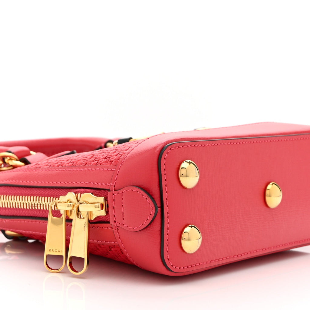 Gucci Straw Azalea Calfskin Woven Mini Horsebit 1955 Top Handle Bag Coral Wave Black