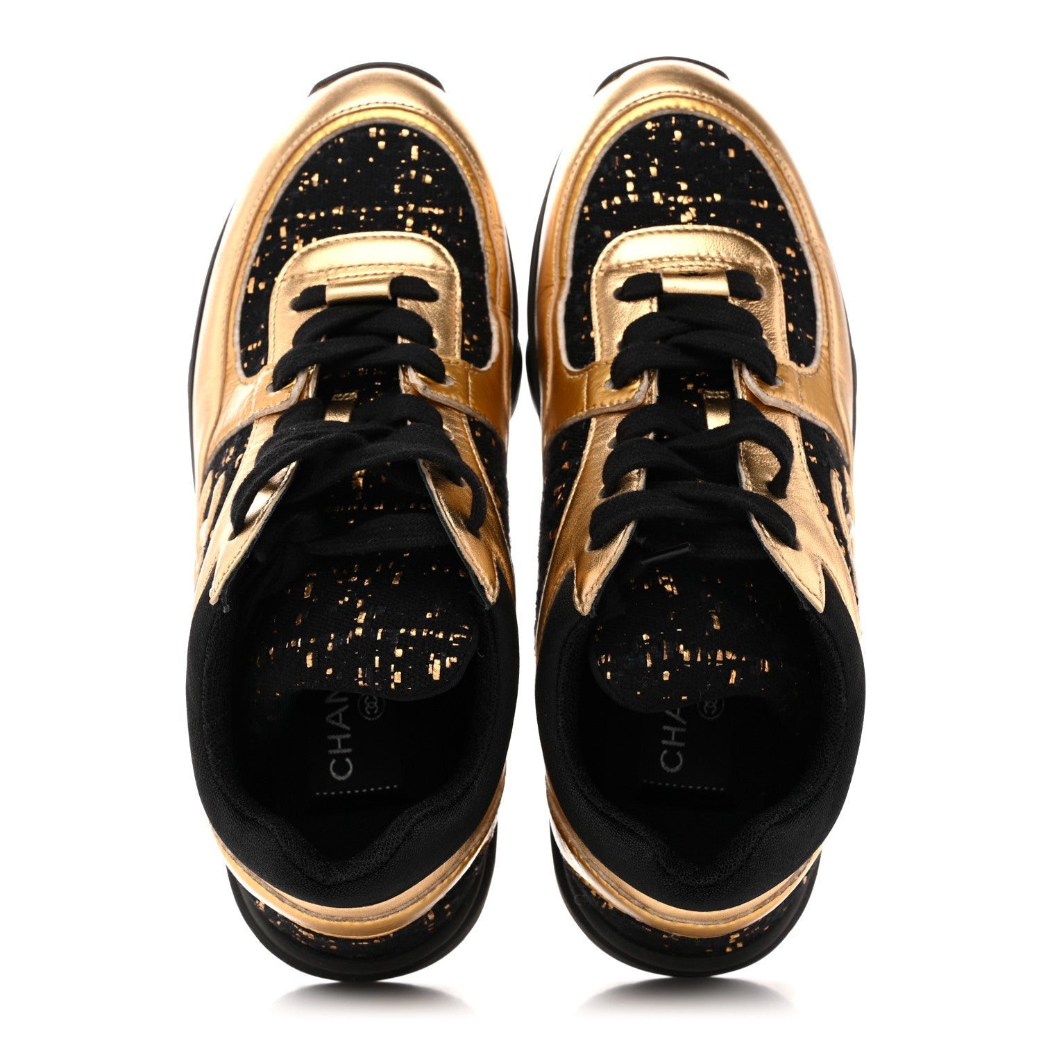 Satin Lambskin Fabric Tweed CC Sneakers 36.5 Gold Black