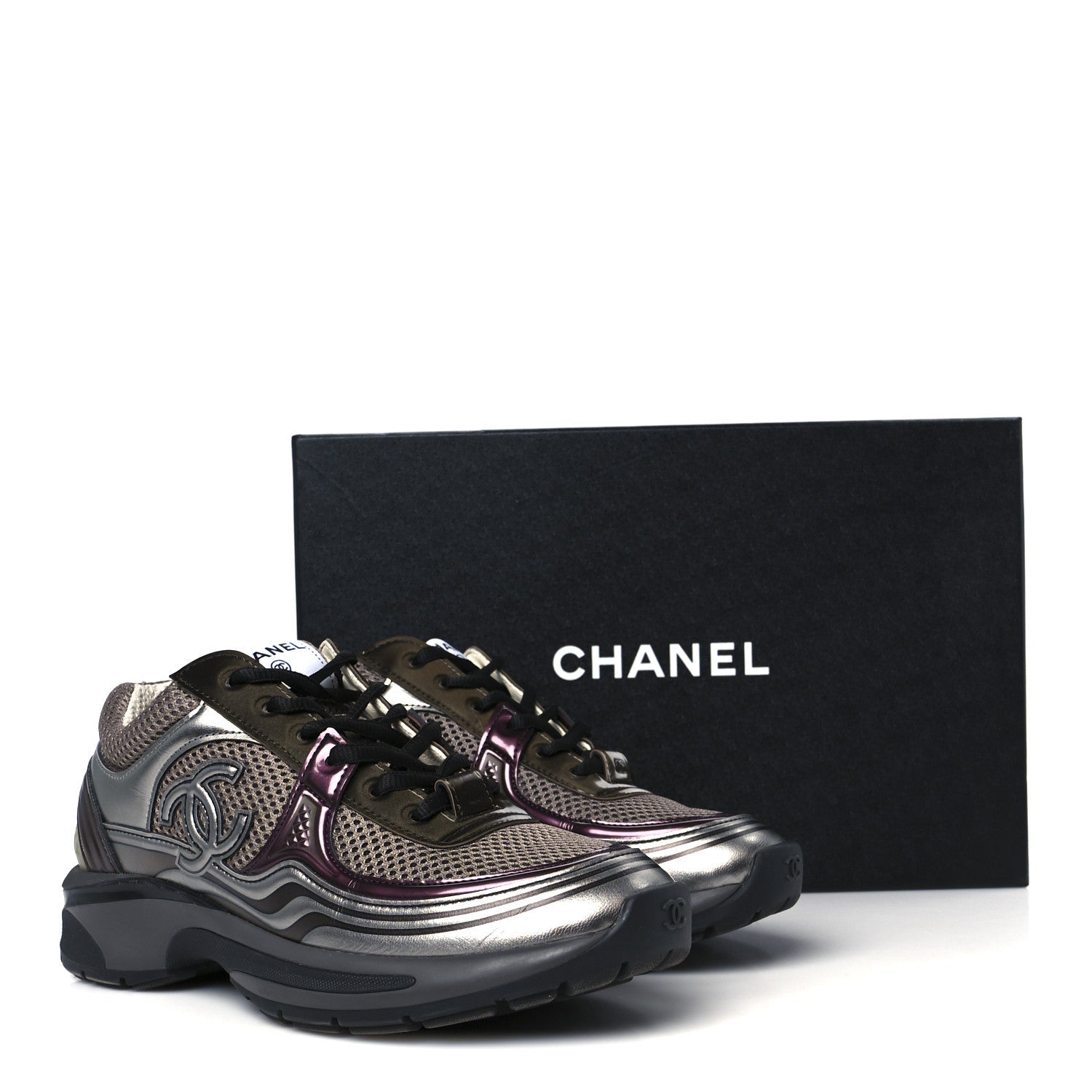 Fabric Laminated Calfskin Stretch CC Womens Sneakers 37 Khaki Silver Dark Purple
