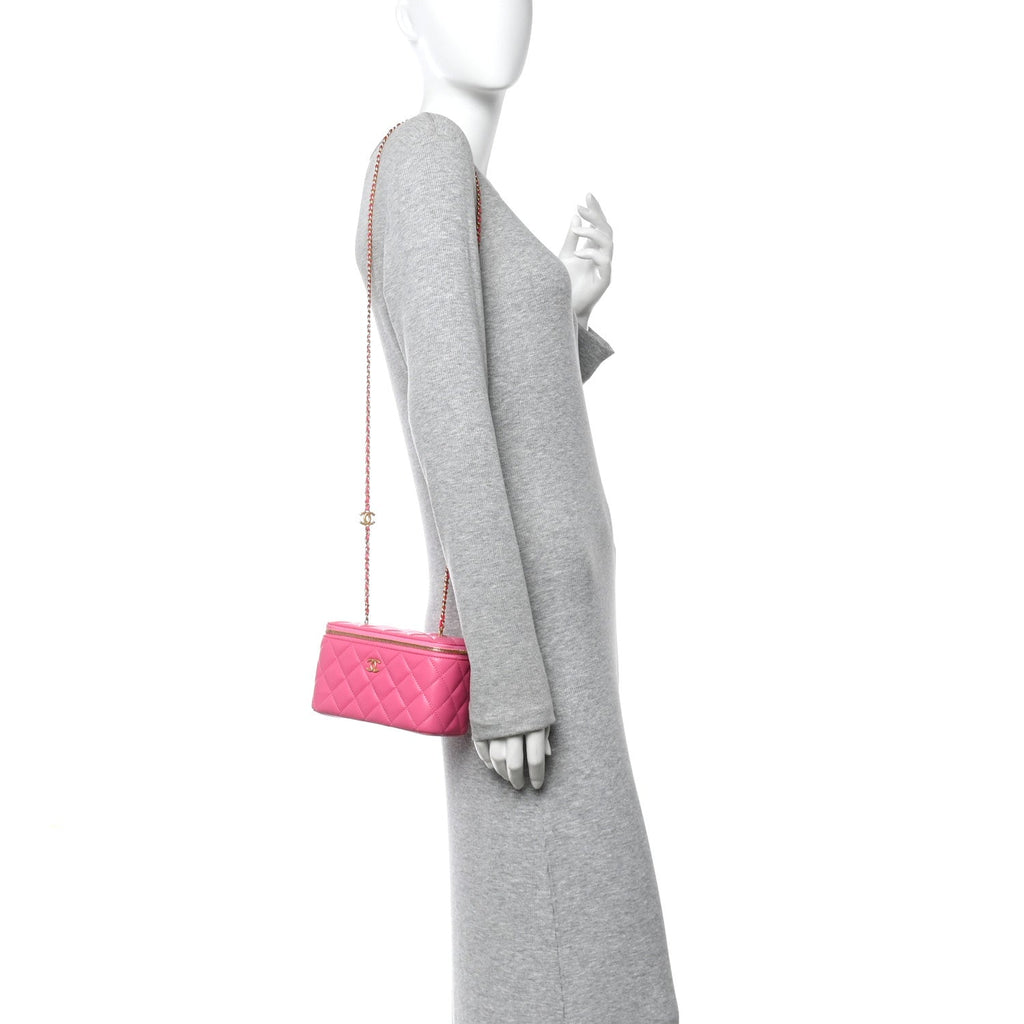Chanel Lambskin Enamel Quilted Small Coco Hearts Vanity Case With Chain Pink
