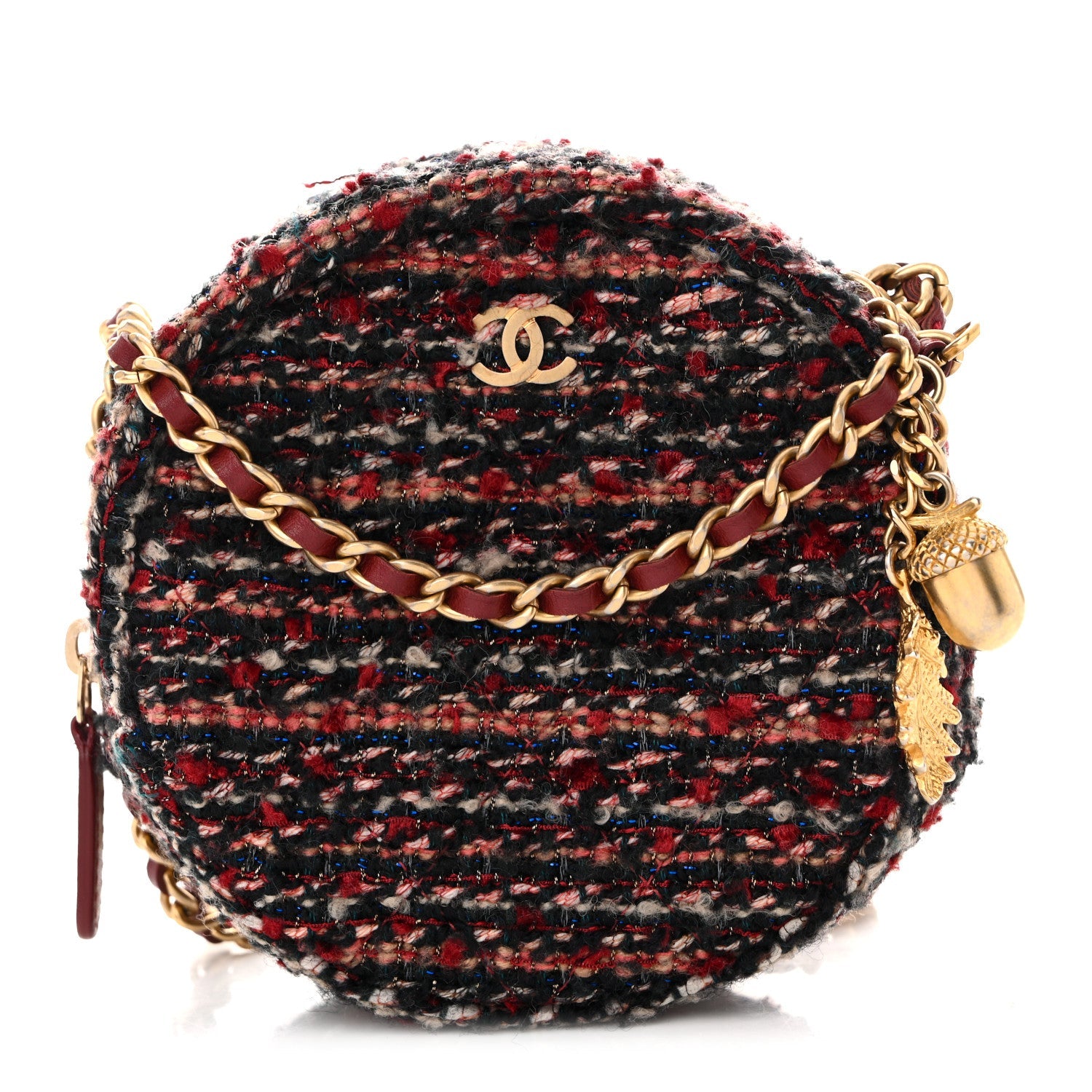Chanel Tweed Quilted Round Clutch With Chain Red