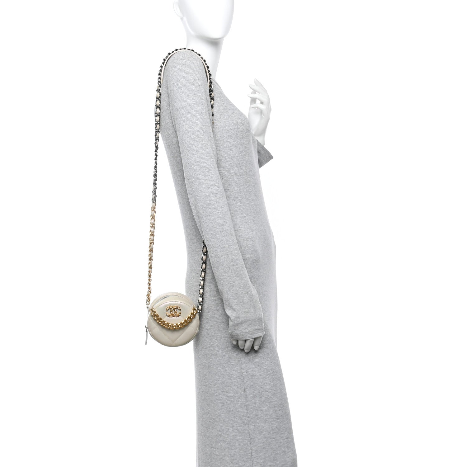 Chanel Iridescent Calfskin Quilted Chanel 19 Round Clutch With Chain White