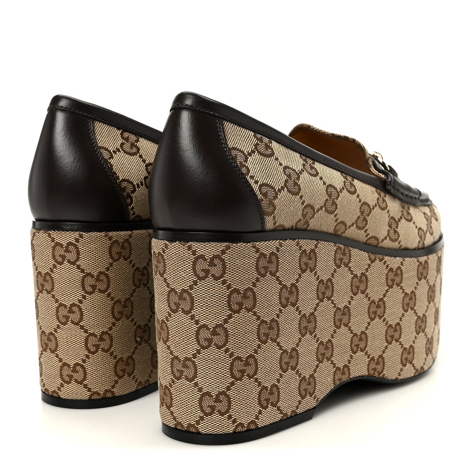 Gucci Canvas GG Monogram Horsebit Calfskin Womens Horsebit Platform Loafers 39.5 Beige Ebony Cocoa