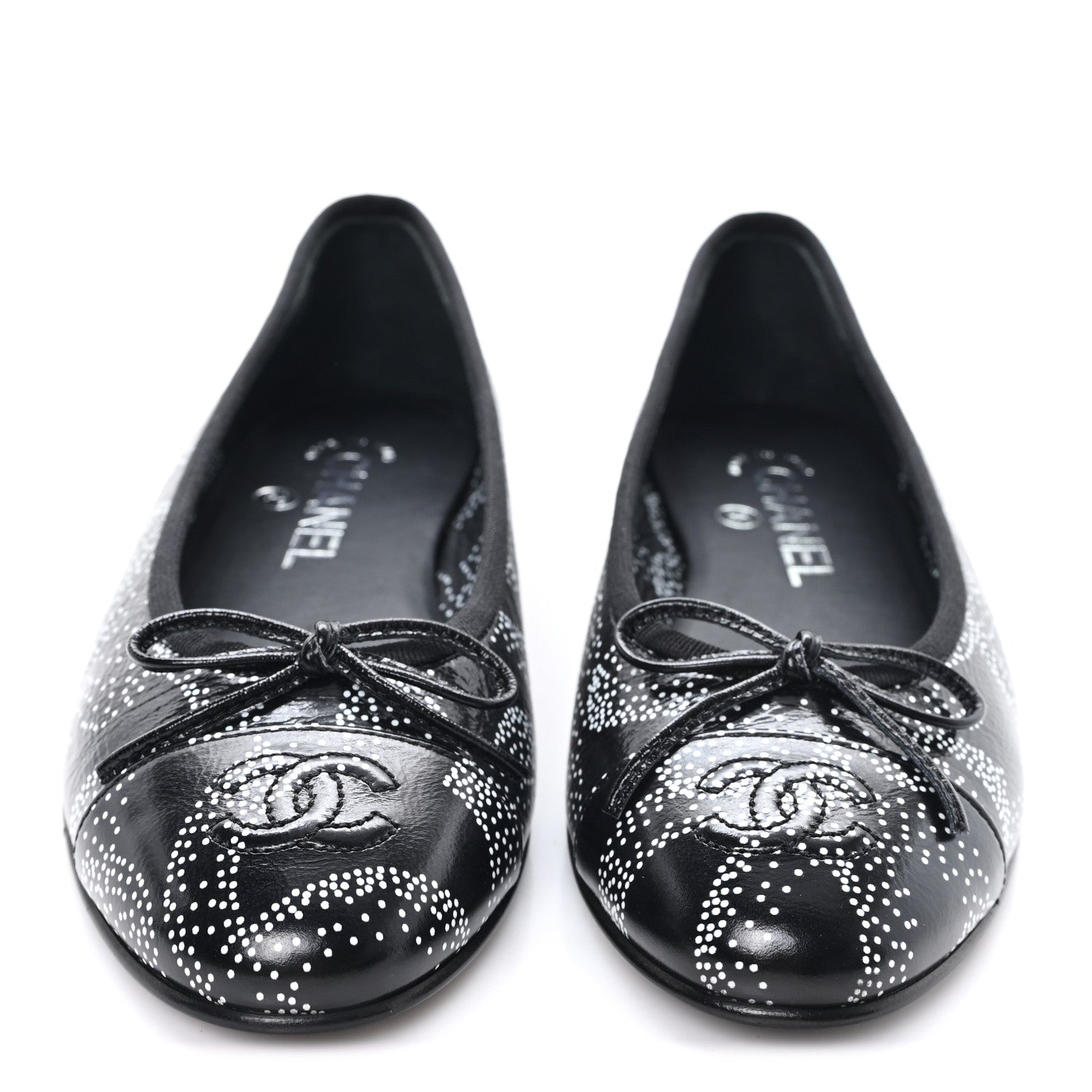 Calfskin Camellia Printed Cap Toe Ballerina Flats 36.5 Black White