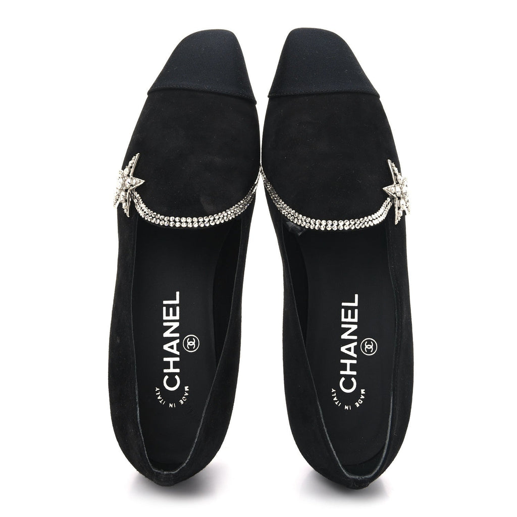 Chanel Suede Calfskin Grosgrain Crystal Star Mocassin Loafers 38 Black