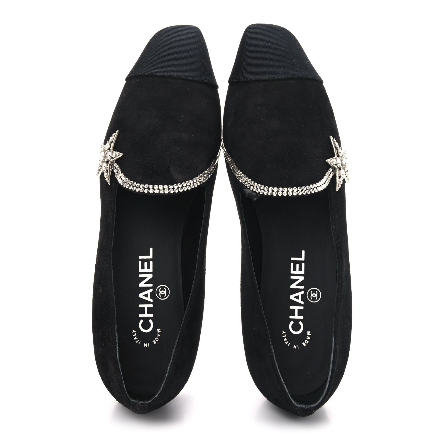 Chanel Suede Calfskin Grosgrain Crystal Star Mocassin Loafers 38 Black