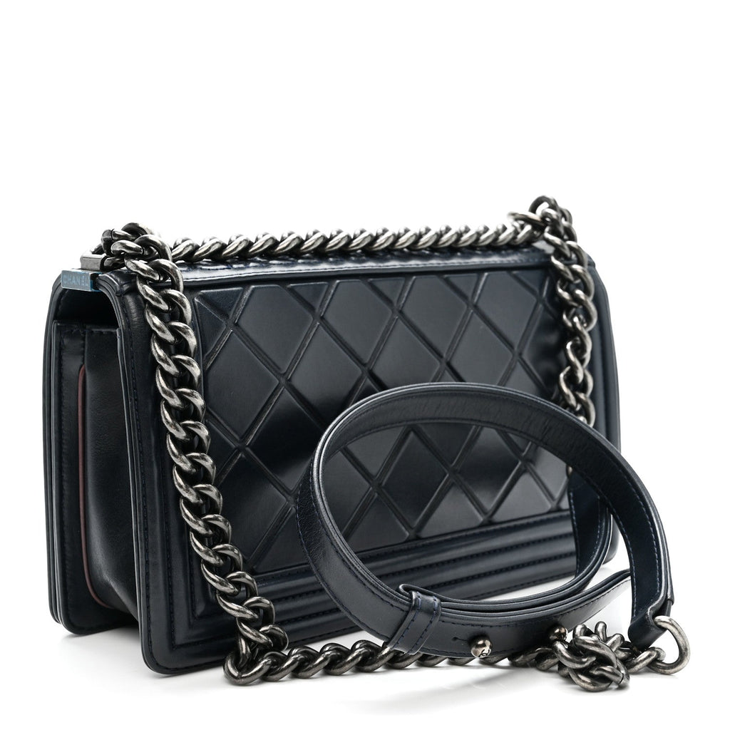 Chanel Calfskin Embossed Medium Paris Salzburg Boy Flap Navy
