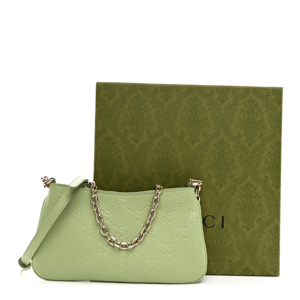 Gucci GG Grainy Calfskin Emblem Super Mini Shoulder Bag Sage Leaf