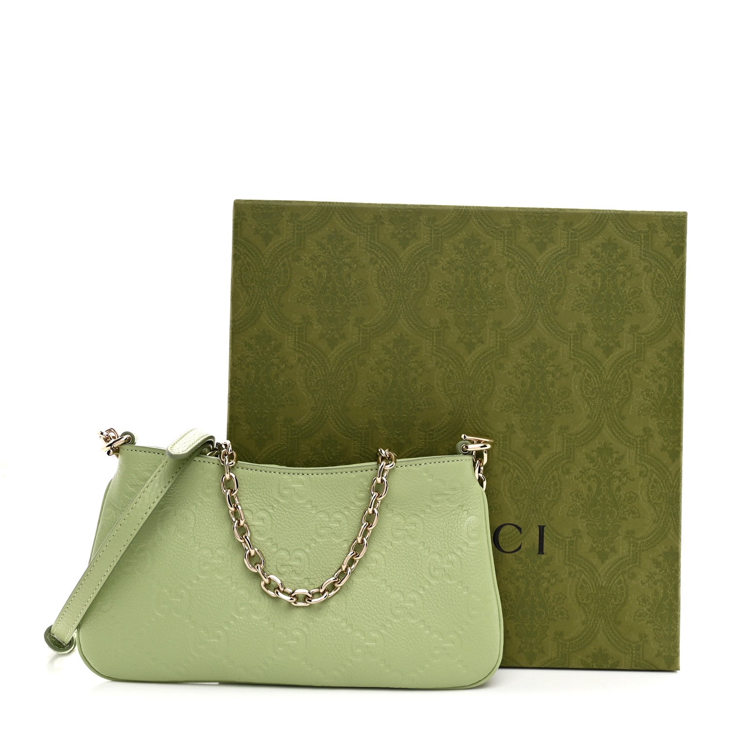Gucci GG Grainy Calfskin Emblem Super Mini Shoulder Bag Sage Leaf