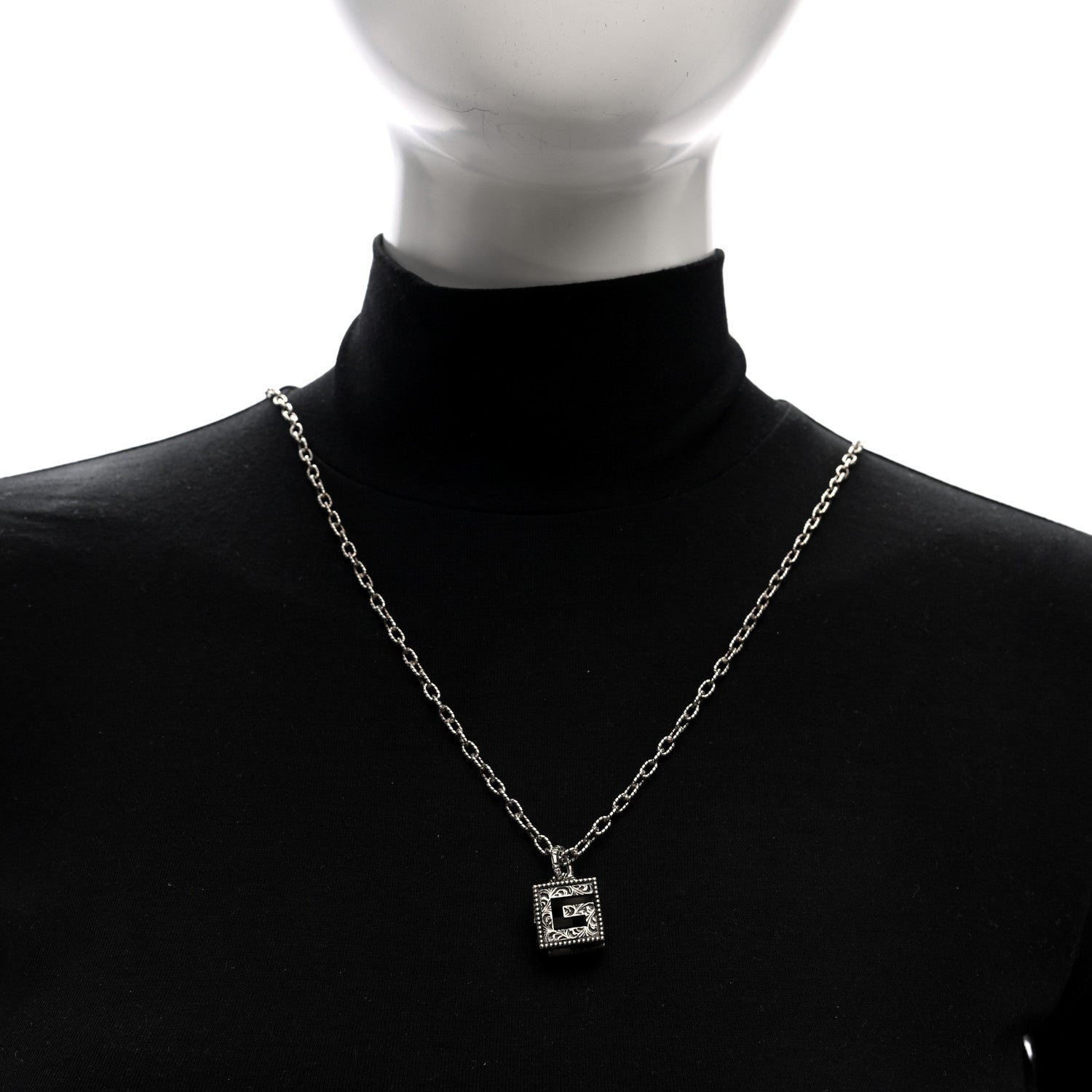 Gucci Sterling Silver Textured Square G Pendant Necklace