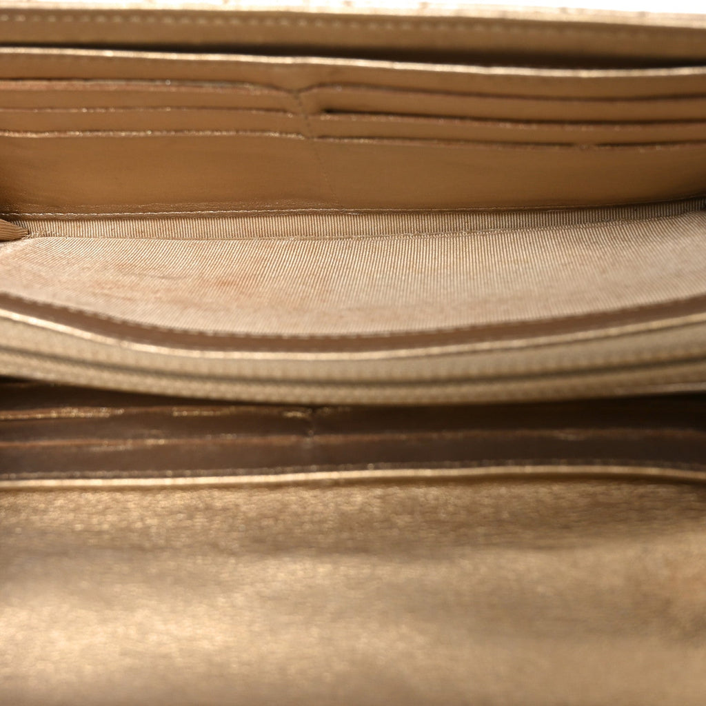 Metallic Lambskin Quilted Large Gusset Flap Wallet Gold